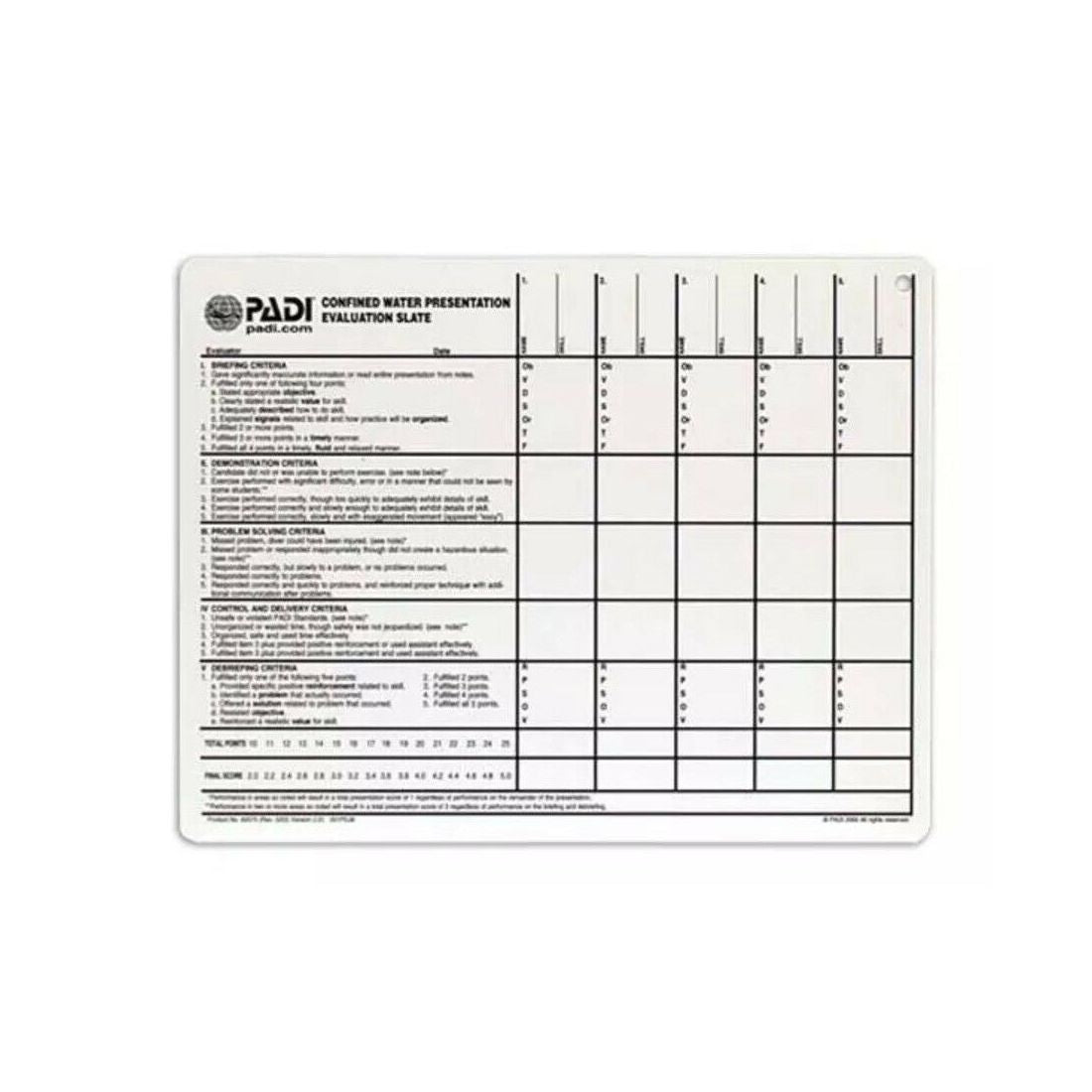 PADI Confined Water Presentation Evaluation Slate 60575