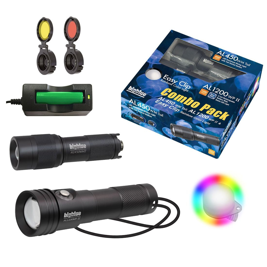 BigBlue Combo Pack: AL1200WP-II + AL450WT + Rainbow EZ Clip Scuba Diving Lights