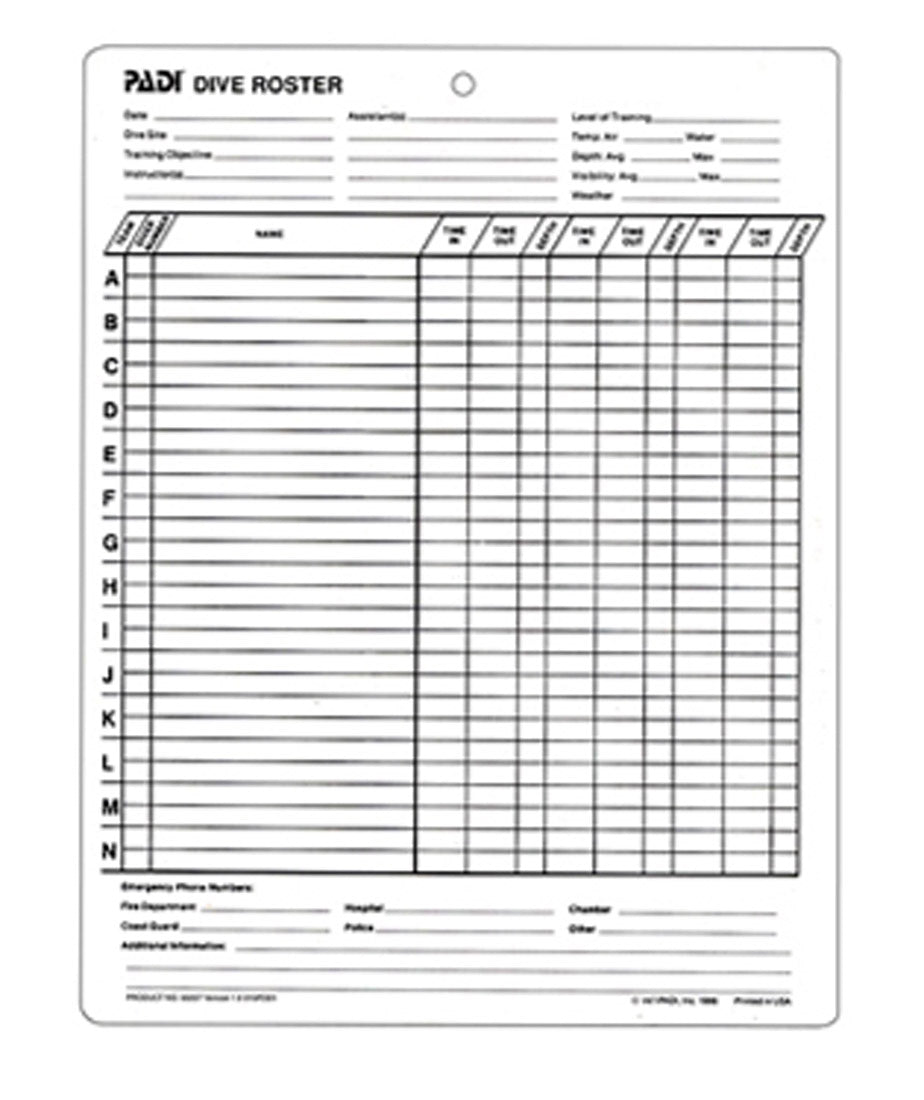 PADI Dive Roster Slate item # 60227 for Scuba Diving