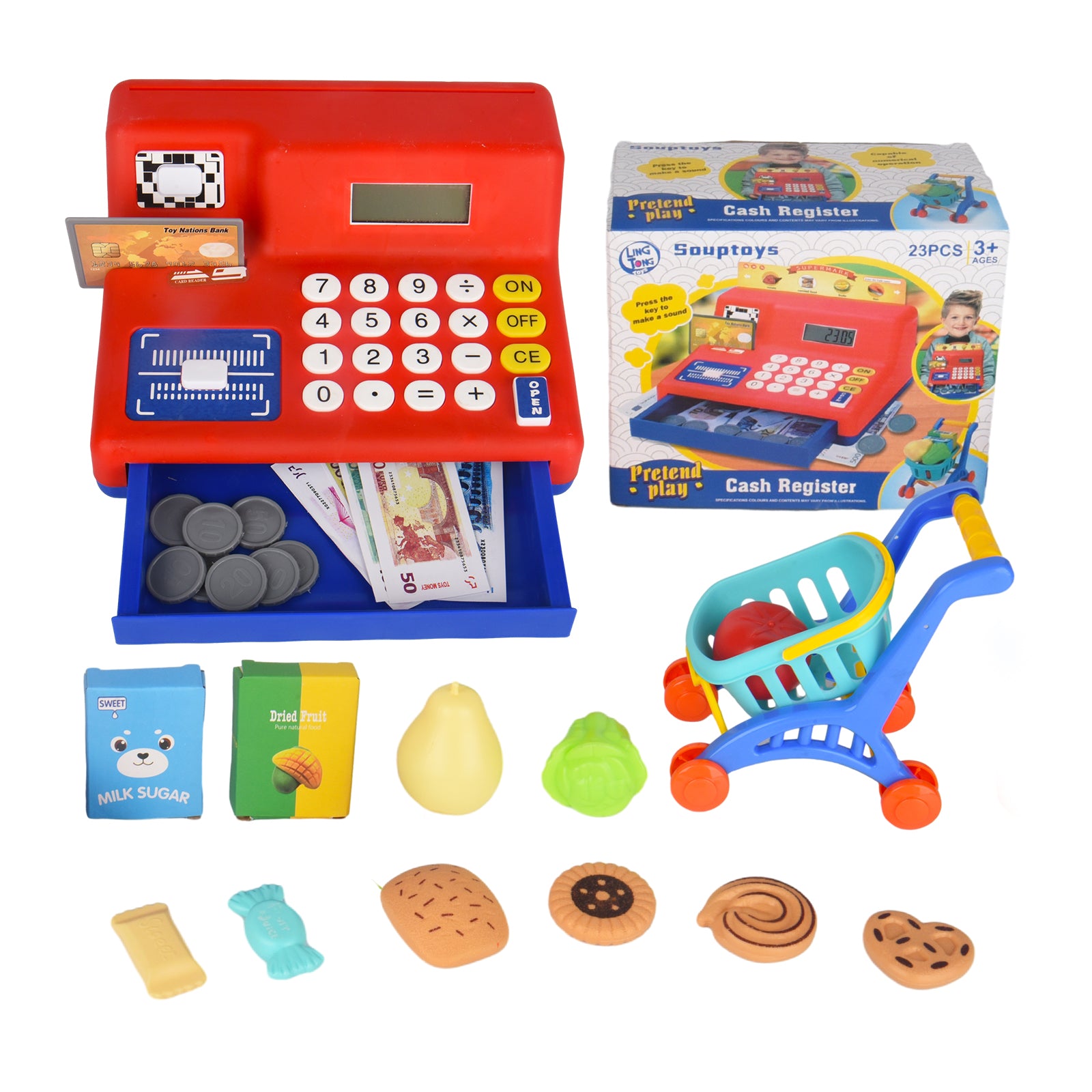 23 Pcs Retro Toy Cash Register with Play Money Set