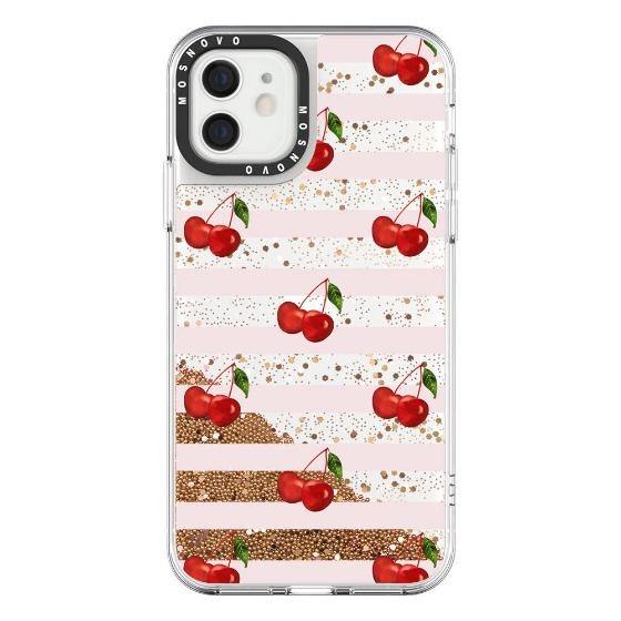 Pink Stripes Cherry Glitter Phone Case - iPhone 12 Mini Case