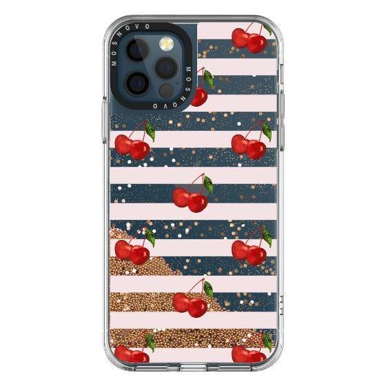 Pink Stripes Cherry Glitter Phone Case - iPhone 12 Pro Max Case