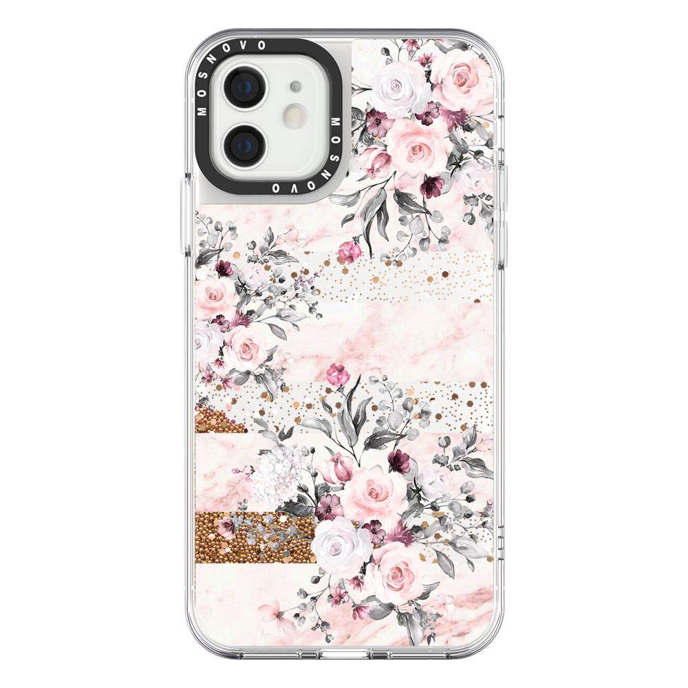 Pink Marble Flowers Glitter Phone Case - iPhone 12 Case