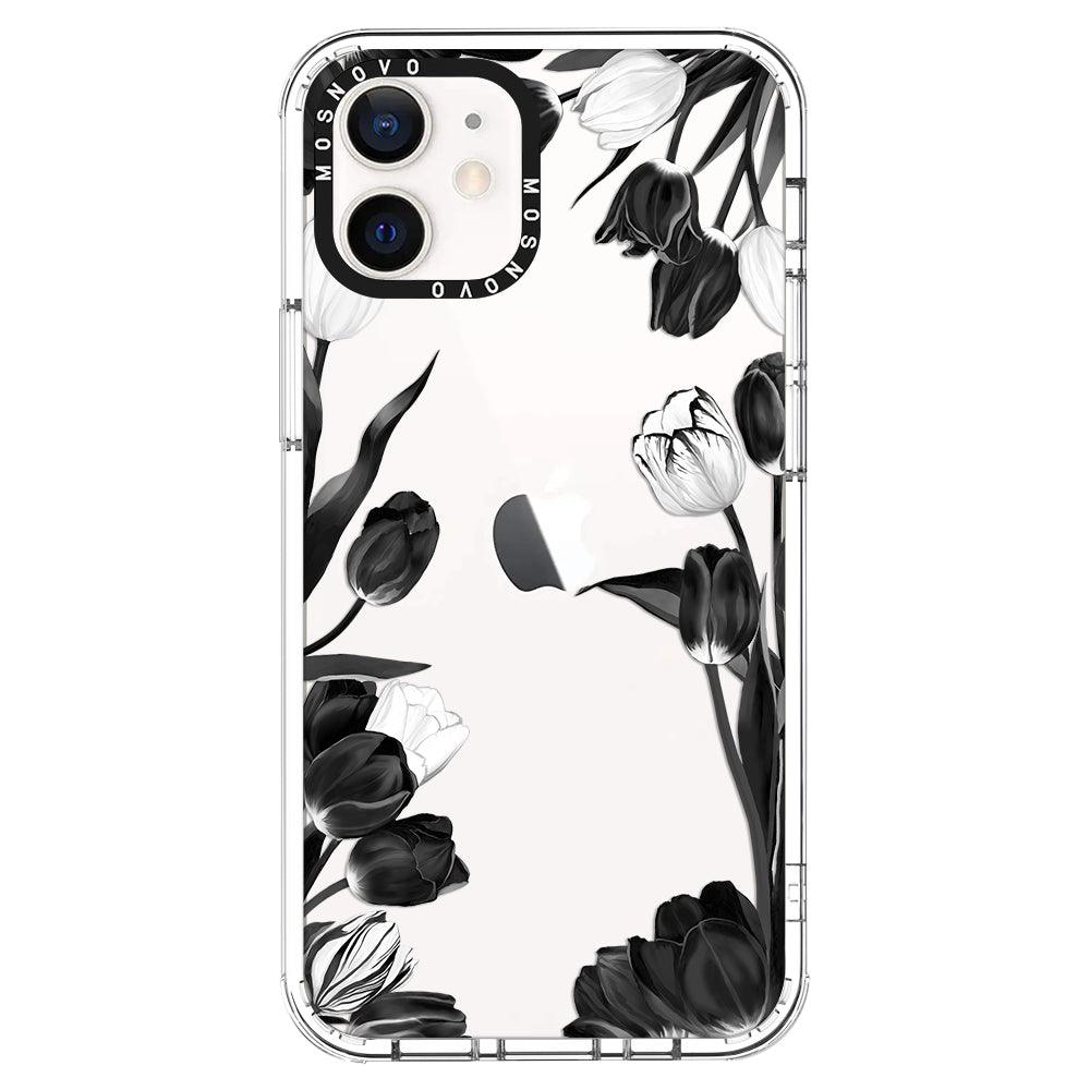 Black White Tulips Phone Case - iPhone 12 Case