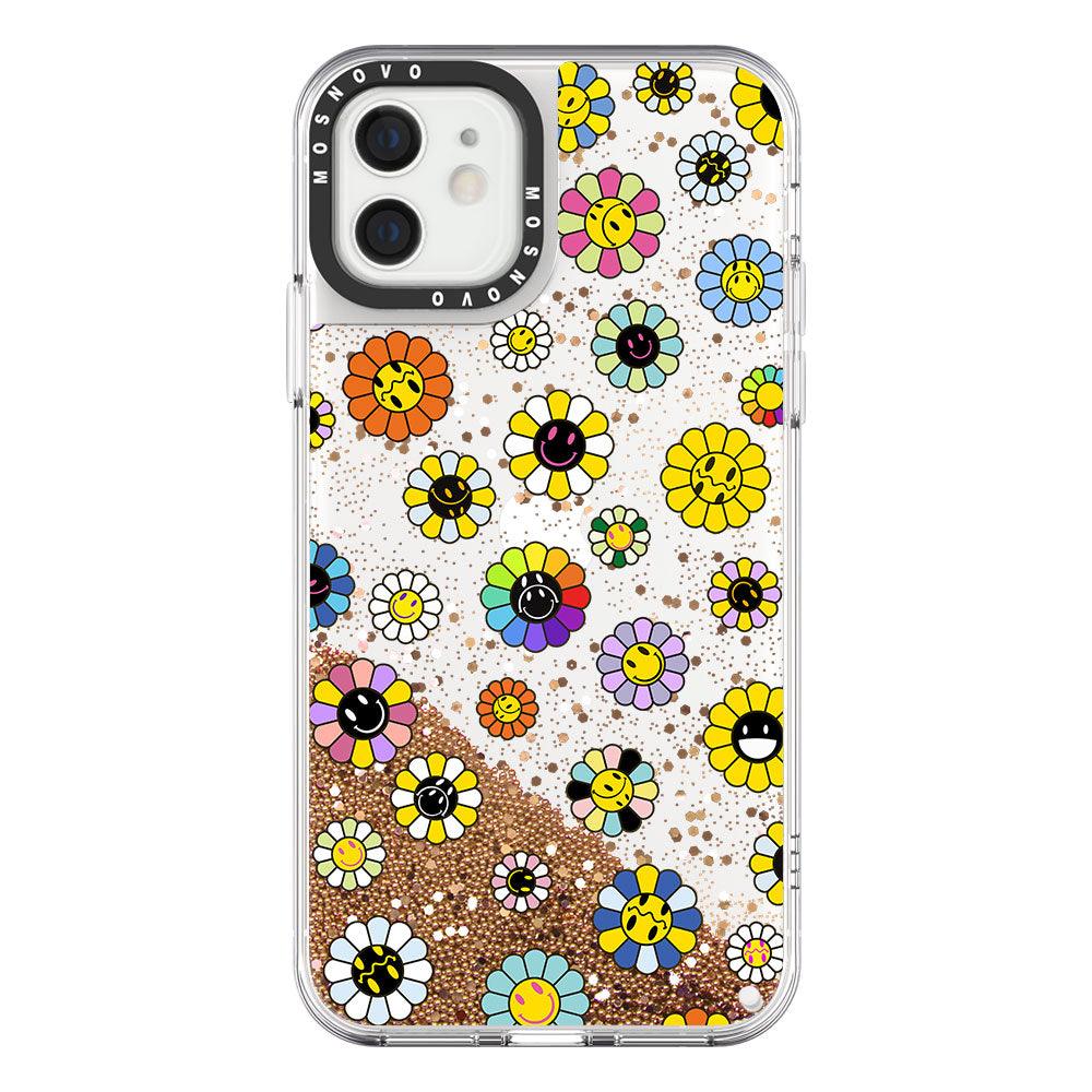 Flower Smiley Face Glitter Phone Case - iPhone 12 Mini Case