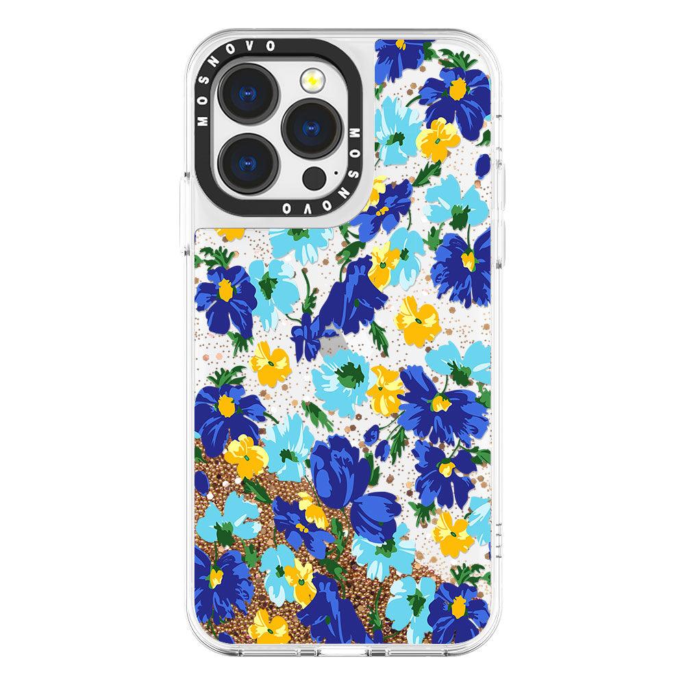 Bluish Flowers Floral Glitter Phone Case - iPhone 13 Pro Case