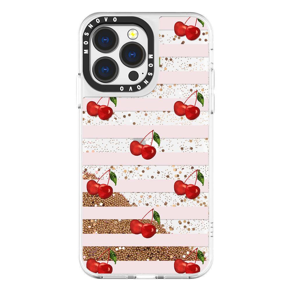 Pink Stripes Cherry Glitter Phone Case - iPhone 13 Pro Case