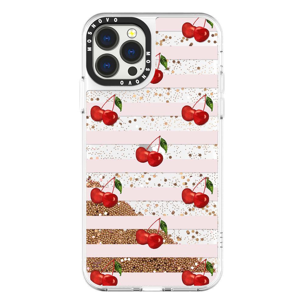 Pink Stripes Cherry Glitter Phone Case - iPhone 13 Pro Max Case