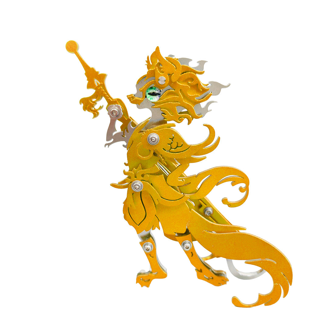 Sitting Ginger Cat Beast Fight with Monkey King Wukong with a Samurai Sword 3D Metal Model Kits