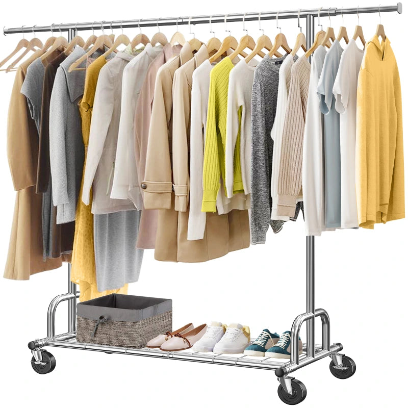 Raybee 485lbs Heavy Duty Clothes Rack with Extendable Hanging Rod, Metal Rolling Garment Rack with Wheels for Bedroom & Closet