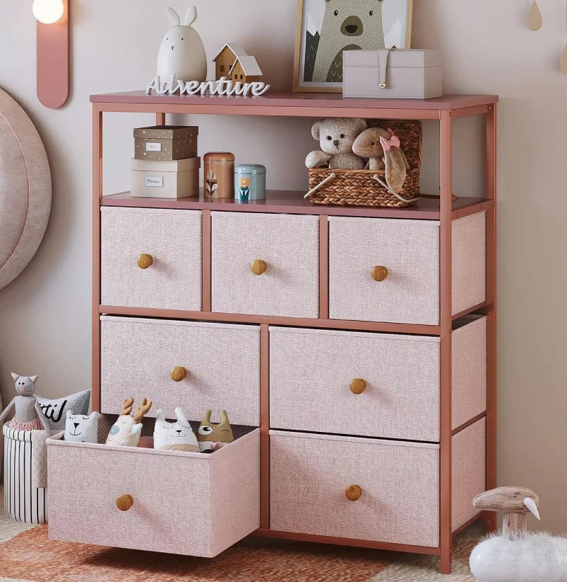 Enhomee Kids Pink Dresser With 7 Drawer, Nursery Dresser & Girls Dresser For Bedroom,  Chest of Drawers