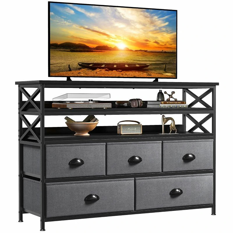 Raybee Wide Dresser TV Stand for Bedroom 5 Drawer Dresser for Bedroom with Wood Shelves Entertainment Center with Fabric Drawers TV Dresser for Closet Living Room