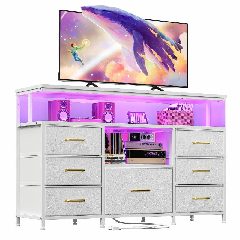 Raybee 55" Dresser TV Stand with Power Outlets & LED Lights ,7 Fabric Drawers