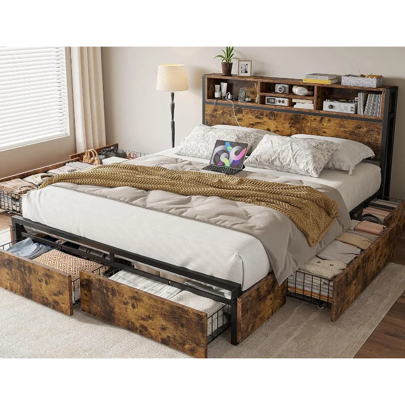 EnHomee Bed Frame with 6 Storage Drawers, Headboard and Charging Station