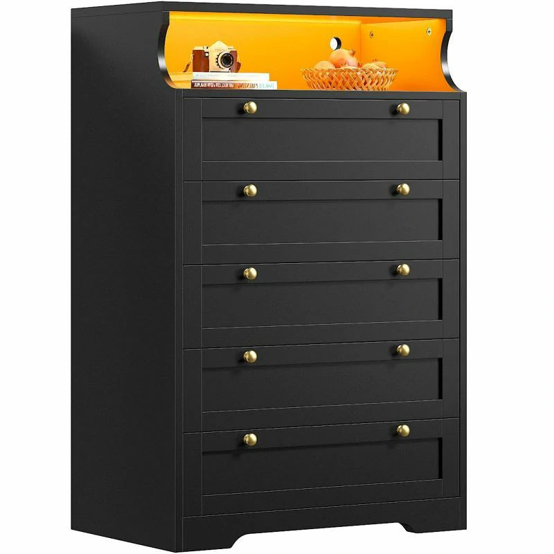 Raybee Wood Black Dresser with 5 Deep Drawer