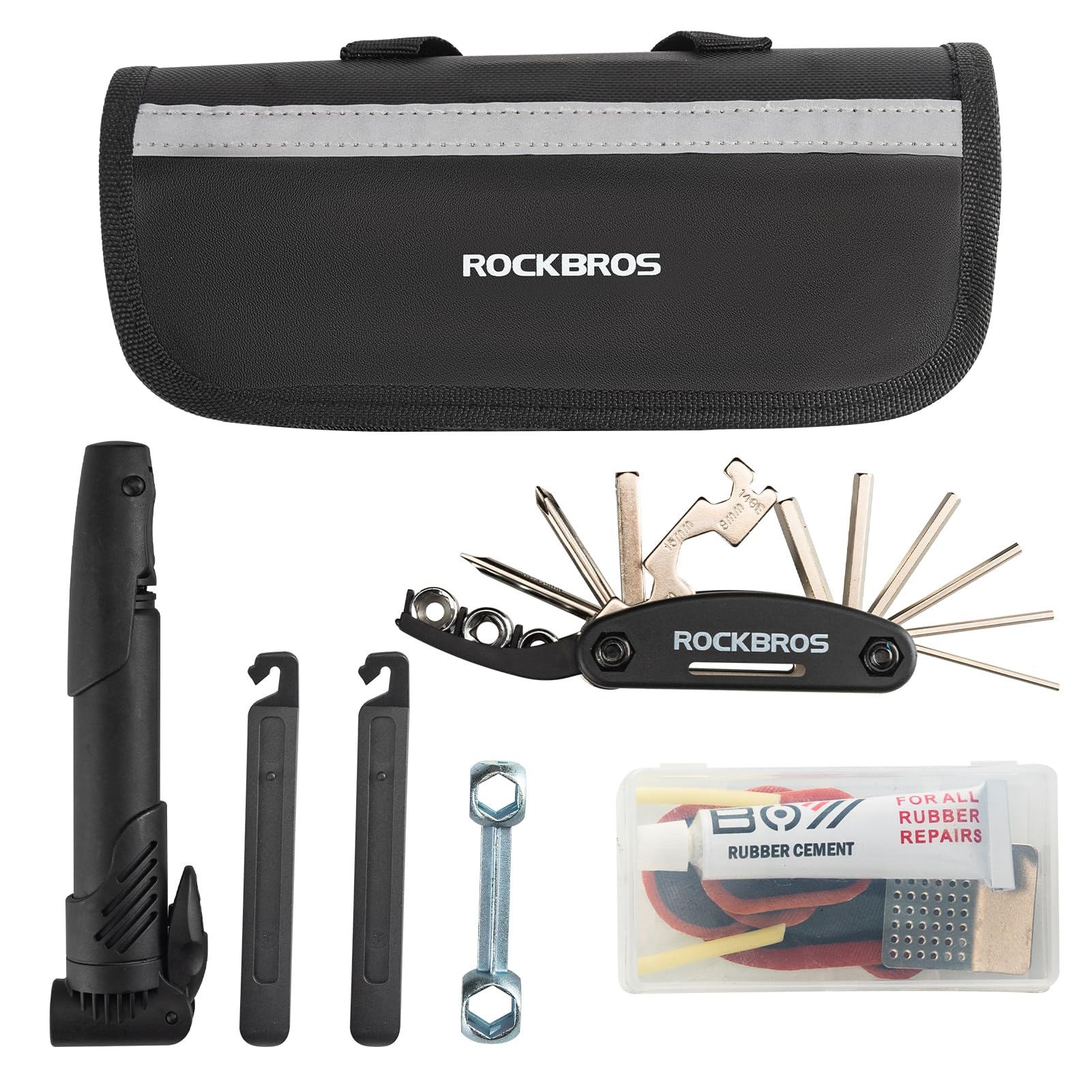 ROCKBROS Bike Tool Kit with Tire Pump, Multi-Function Tool, Patches, Portable Repair Bag