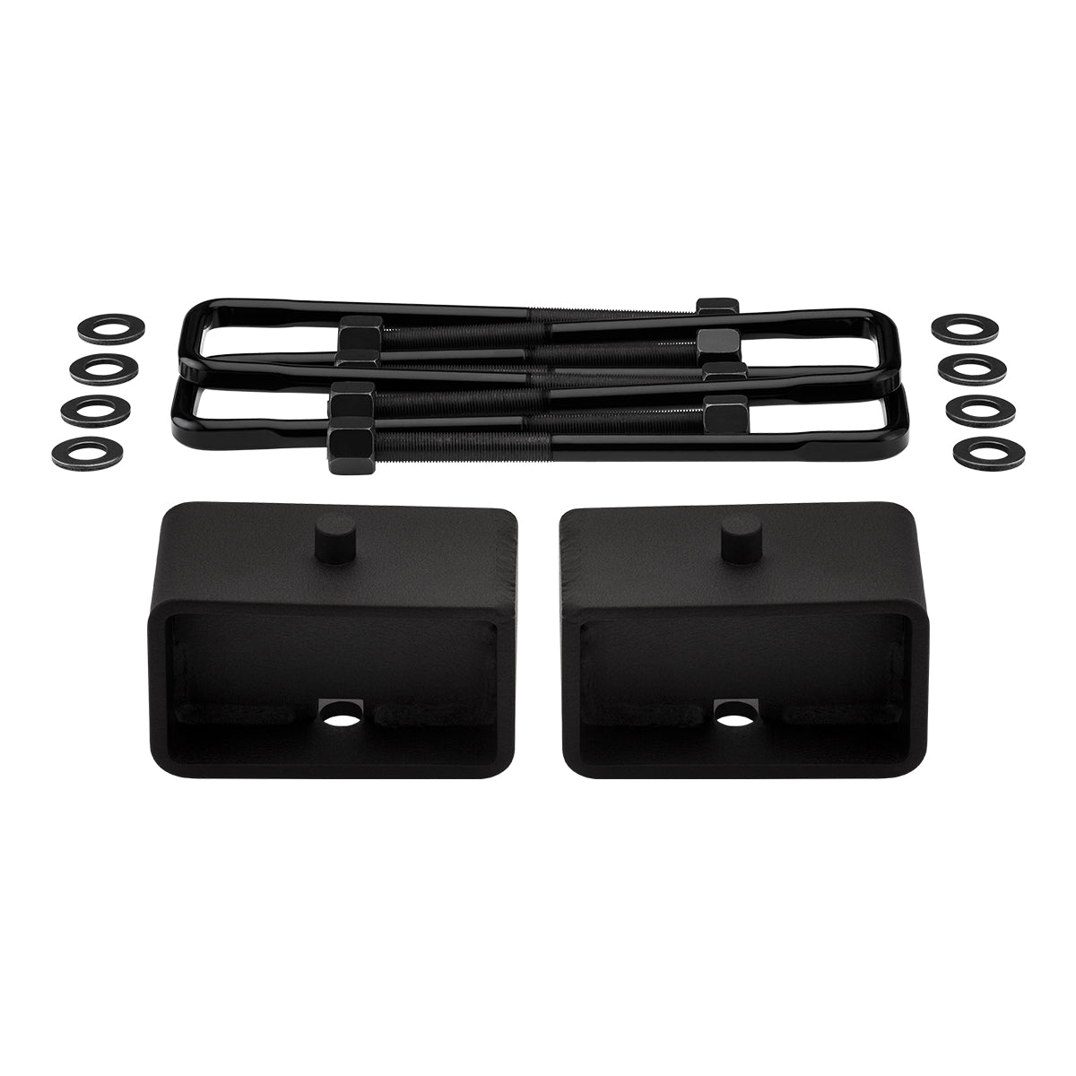 2001-2010 Chevrolet Silverado 1500HD 2WD 4WD Rear Lift Blocks with Premium Forged Flat Top U-Bolts + Rear Lift 3" Tapered Lift Blocks (Overloads)