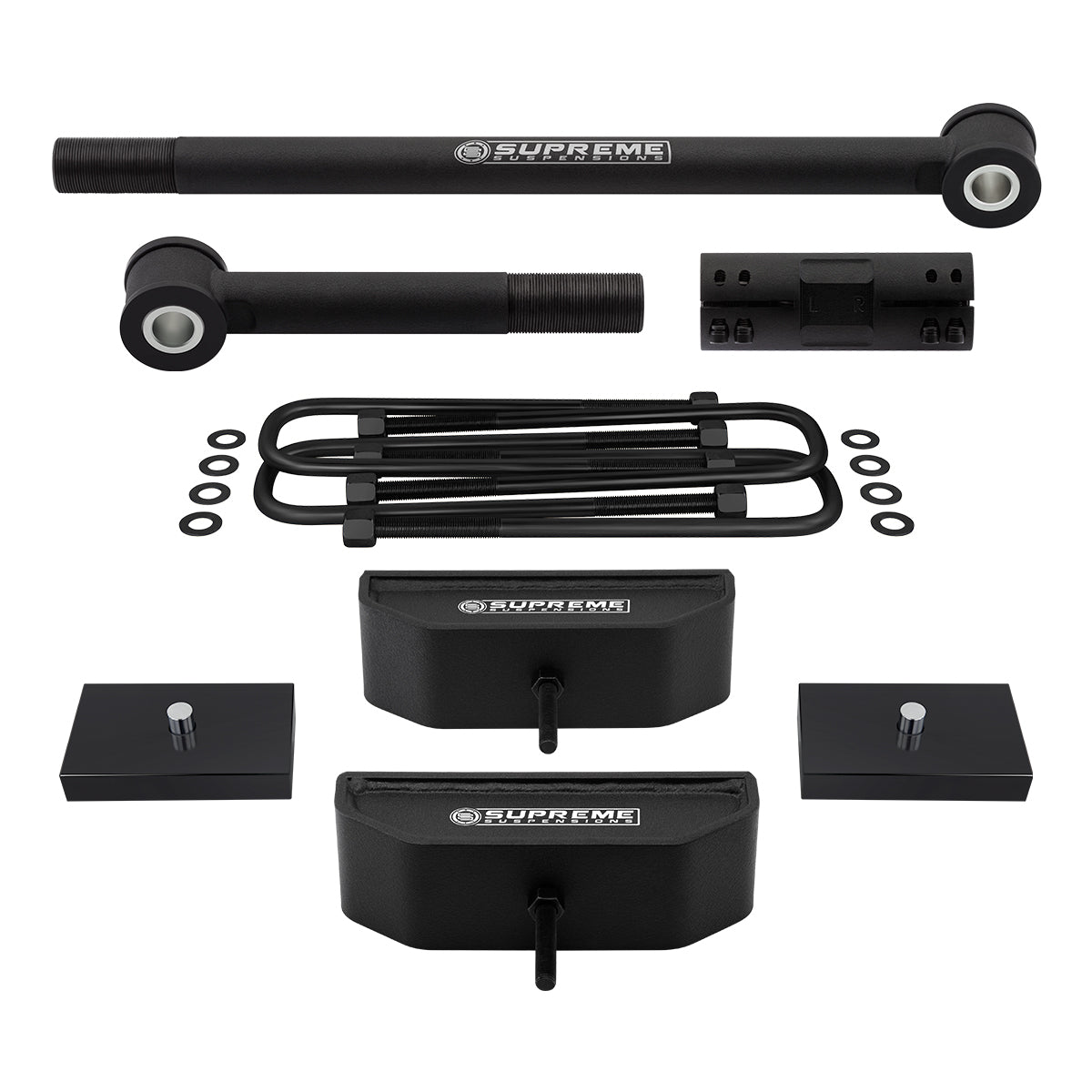 1999-2004 Ford F250 Super Duty Front and Rear Blocks Suspension Lift Kit 4WD 4x4 + Rear Spring Pack Setup Non-Overloads + Track Bar 2" + Rear Lift 1"