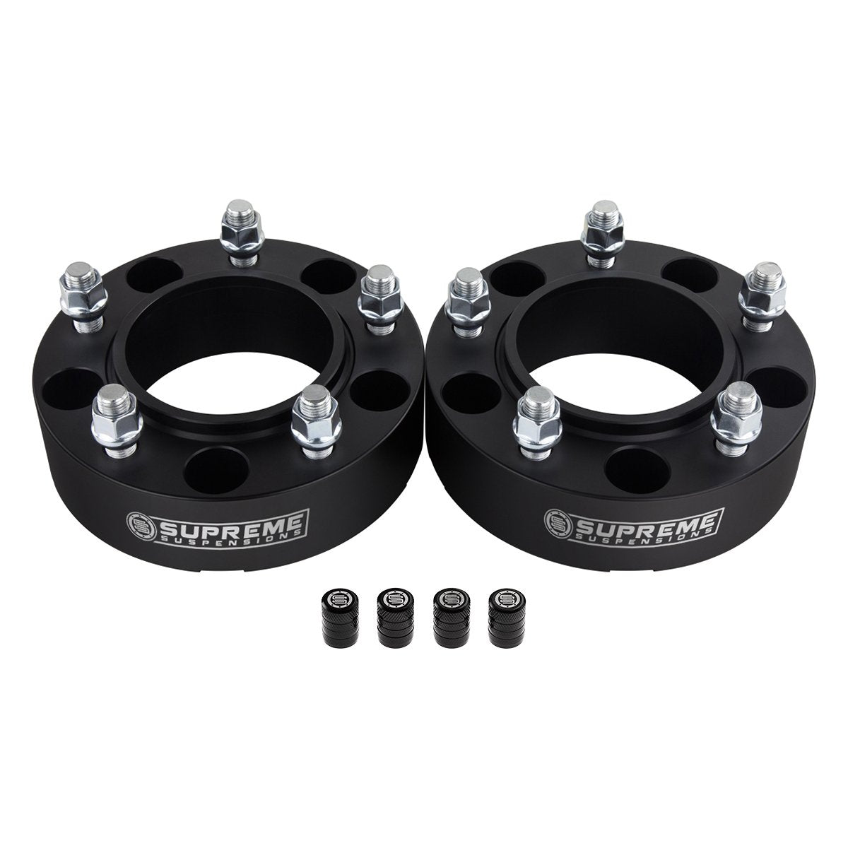 Hub Centric Wheel Spacers Lexus LX470 / LX570 5x150mm M14x1.5 + Tire Valve Caps Size 1.5" Black 2pc