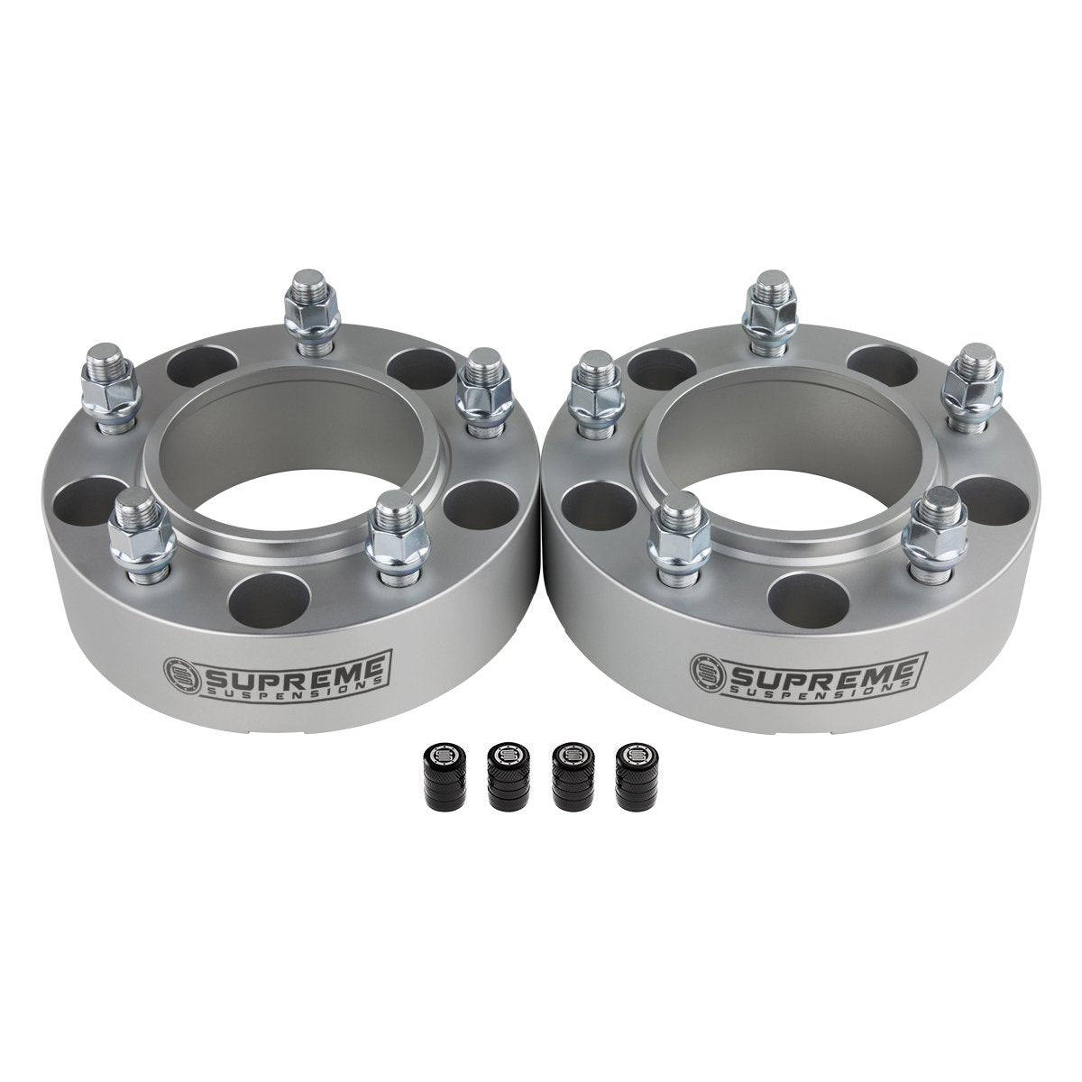 Hub Centric Wheel Spacers Lexus LX470 / LX570 5x150mm M14x1.5 + Tire Valve Caps Size 1.5" Silver 2pc