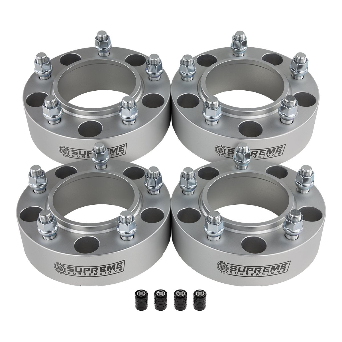 Hub Centric Wheel Spacers Lexus LX470 / LX570 5x150mm M14x1.5 + Tire Valve Caps Size 1.5" Silver 4pc