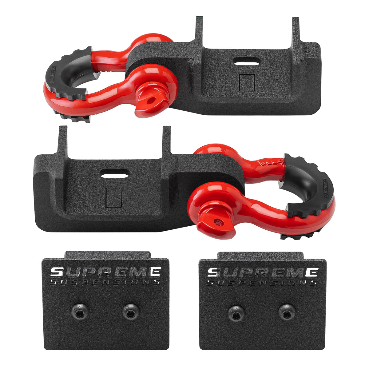 2005-2022 Toyota Tacoma Shackle Mount Recovery Brackets With Frame Reinforcement Caps and 2x D-Ring Shackles D-Ring Shackle Set Red