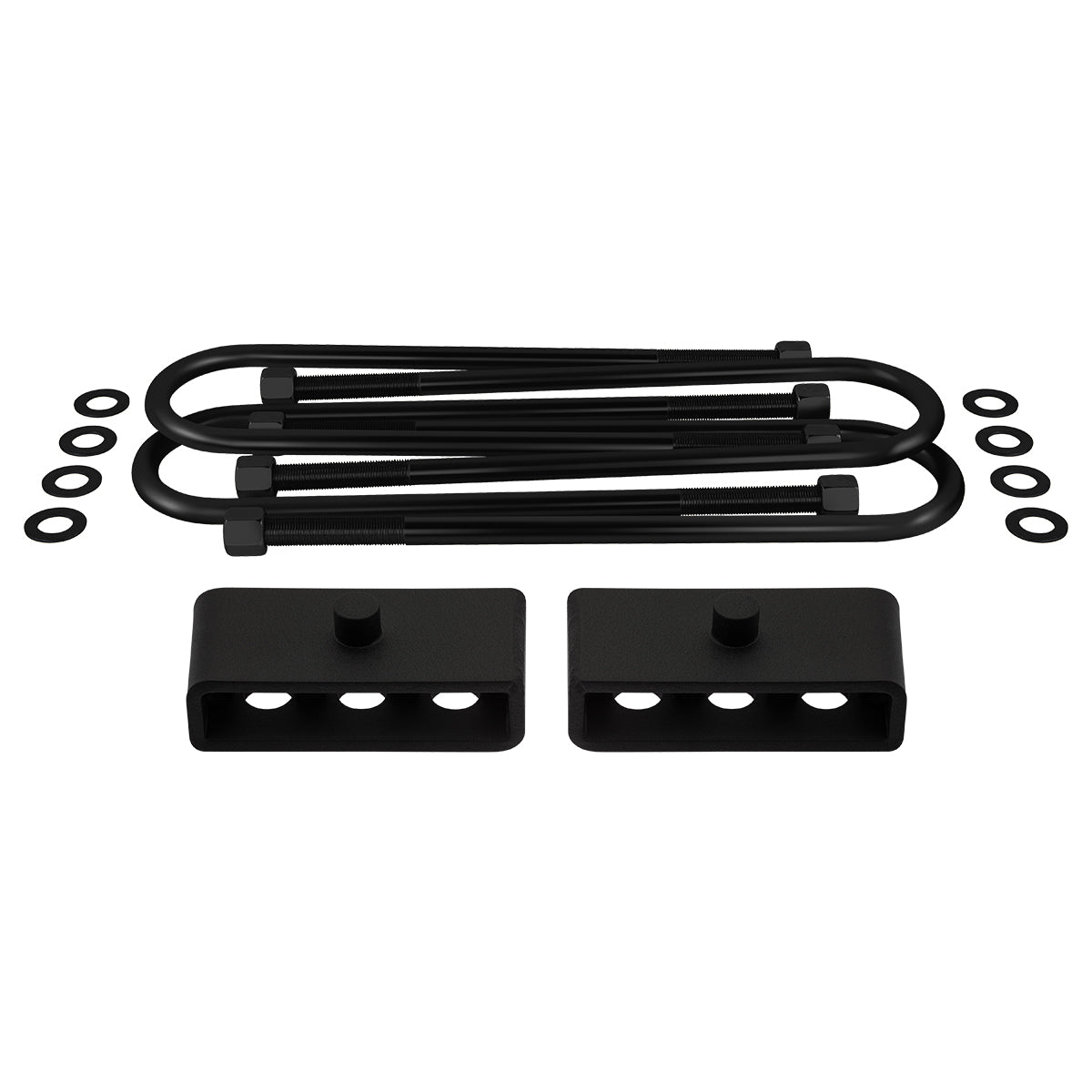 2003-2013 Dodge Ram 2500 4WD [4" Rear Axle] Rear Lift Blocks with Round Bend U-Bolts Leaf Spring Setup Non-Overload Leaf Springs 1.5" Lift Blocks