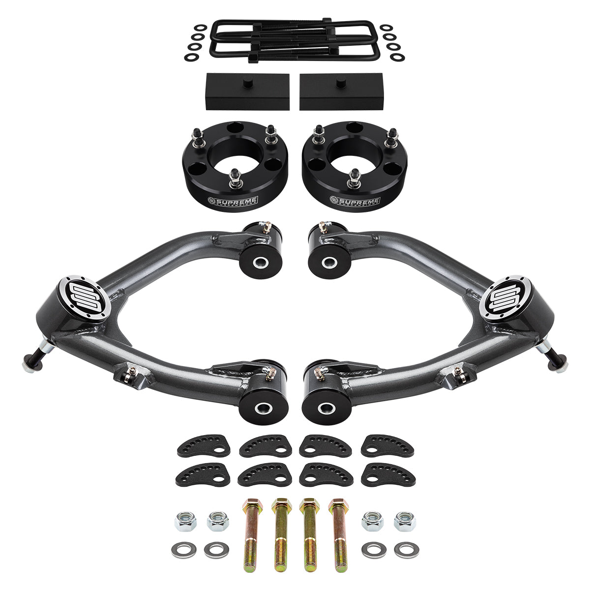 2007-2018 Chevrolet Silverado 1500 Full Suspension Lift Kit With Uni-Ball Upper Control Arms and Camber/Caster Adjusting & Lock-Out Kit Front Lift 3" + Rear Lift 1" Bushings Black