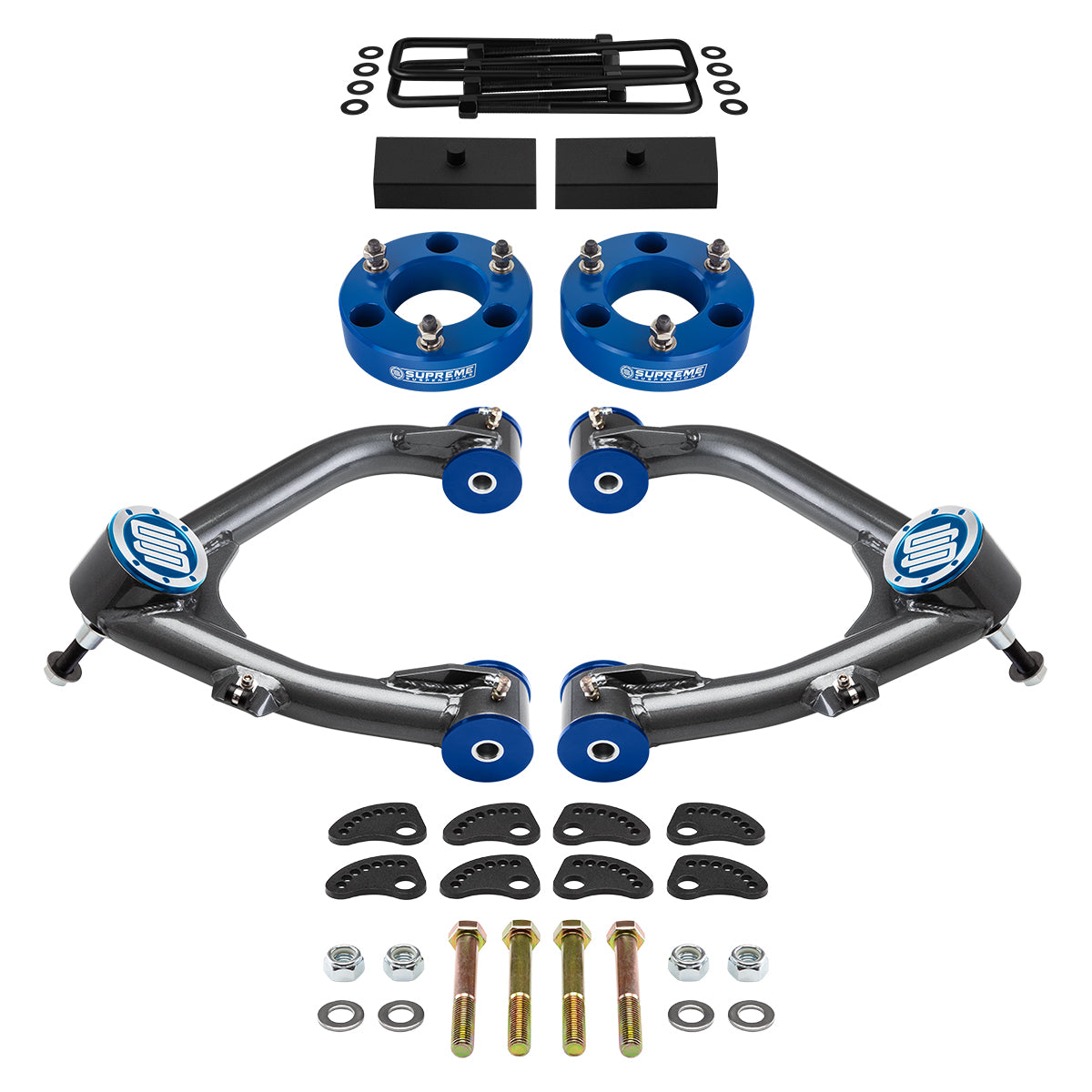 2007-2018 Chevrolet Silverado 1500 Full Suspension Lift Kit With Uni-Ball Upper Control Arms and Camber/Caster Adjusting & Lock-Out Kit Front Lift 3" + Rear Lift 1" Bushings Blue