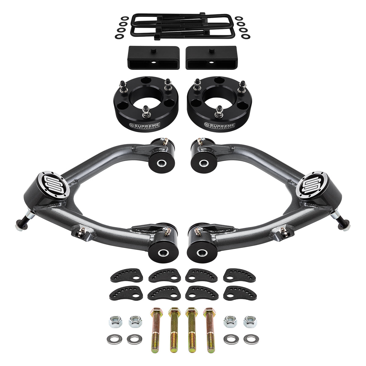 2007-2018 Chevrolet Silverado 1500 Full Suspension Lift Kit With Uni-Ball Upper Control Arms and Camber/Caster Adjusting & Lock-Out Kit Front Lift 3" + Rear Lift 1.5" Bushings Black