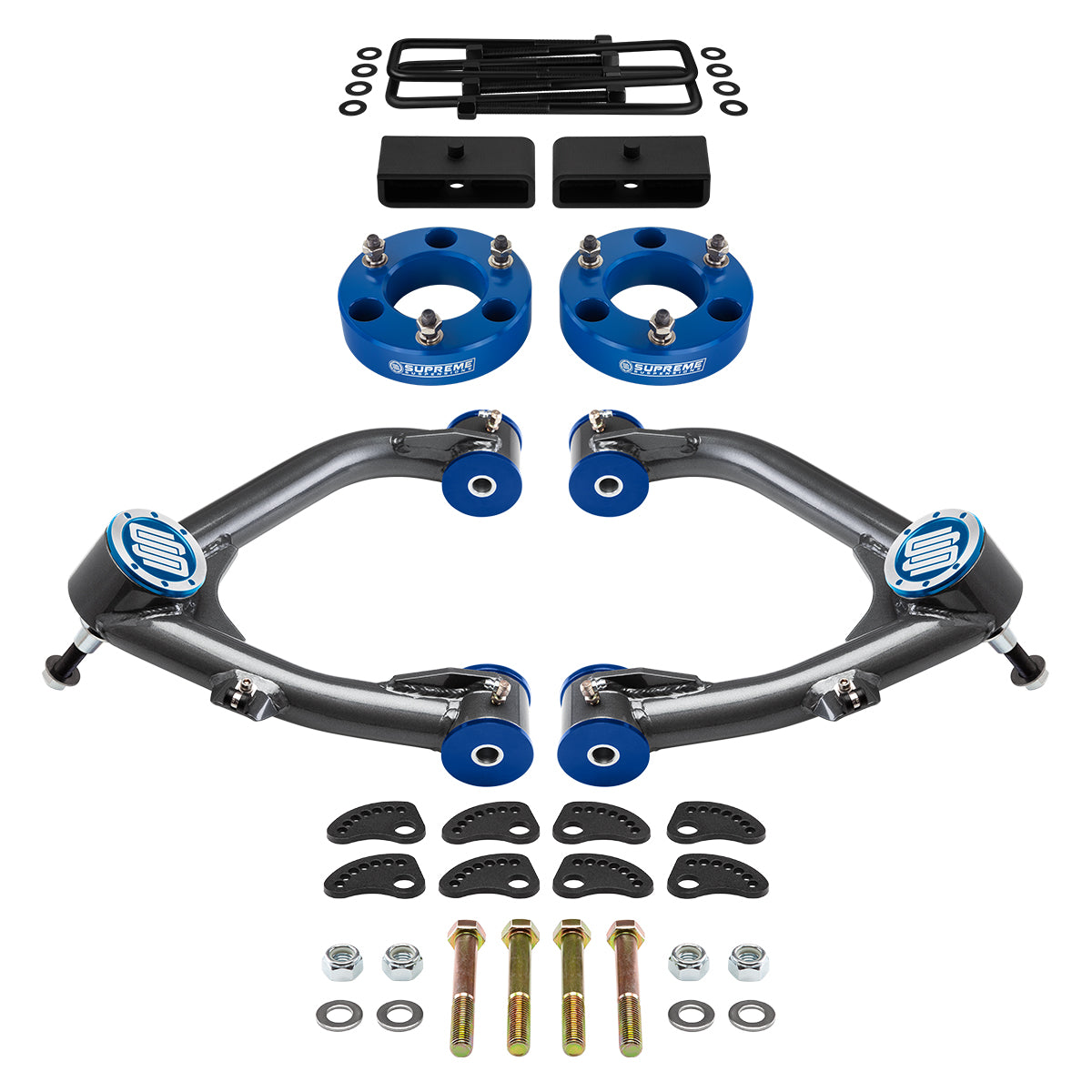 2007-2018 Chevrolet Silverado 1500 Full Suspension Lift Kit With Uni-Ball Upper Control Arms and Camber/Caster Adjusting & Lock-Out Kit Front Lift 3" + Rear Lift 1.5" Bushings Blue