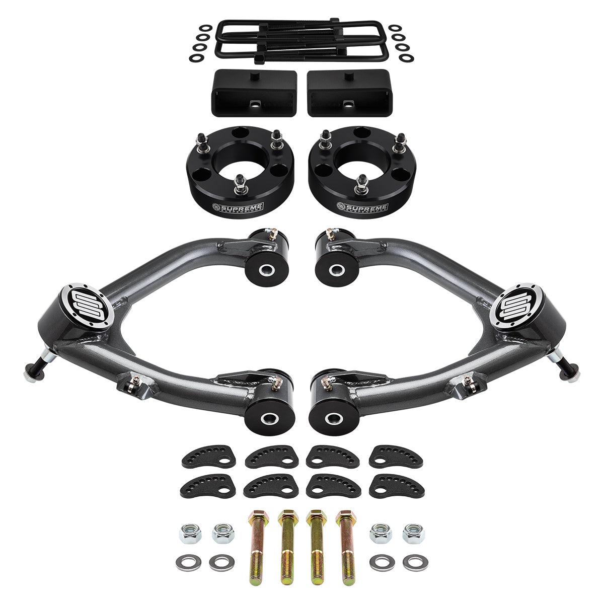 2007-2018 Chevrolet Silverado 1500 Full Suspension Lift Kit With Uni-Ball Upper Control Arms and Camber/Caster Adjusting & Lock-Out Kit Front Lift 3" + Rear Lift 2" Bushings Black