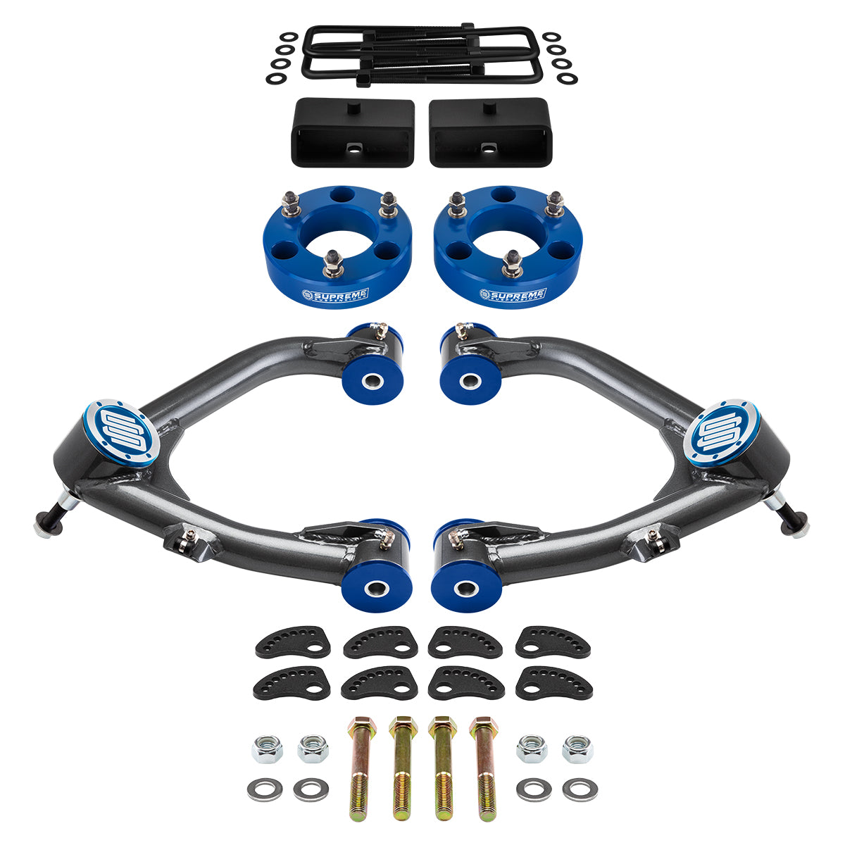 2007-2018 Chevrolet Silverado 1500 Full Suspension Lift Kit With Uni-Ball Upper Control Arms and Camber/Caster Adjusting & Lock-Out Kit Front Lift 3" + Rear Lift 2" Bushings Blue