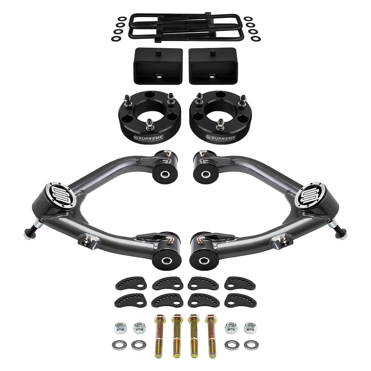 2007-2018 Chevrolet Silverado 1500 Full Suspension Lift Kit With Uni-Ball Upper Control Arms and Camber/Caster Adjusting & Lock-Out Kit Front Lift 3" + Rear Lift 3" Bushings Black