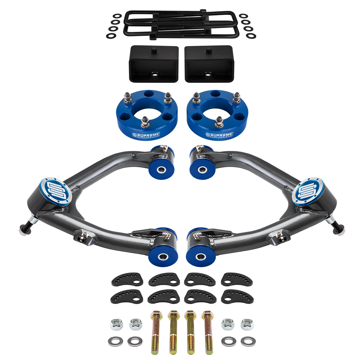 2007-2018 Chevrolet Silverado 1500 Full Suspension Lift Kit With Uni-Ball Upper Control Arms and Camber/Caster Adjusting & Lock-Out Kit Front Lift 3" + Rear Lift 3" Bushings Blue