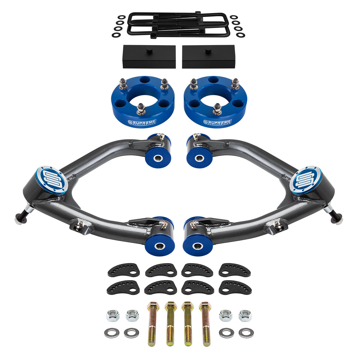 2007-2018 GMC Sierra 1500 Full Suspension Lift Kit with Uni-Ball Upper Control Arms and Camber/Caster Adjusting & Lock-Out Kit Front Lift 3" + Rear Lift 1" Blue