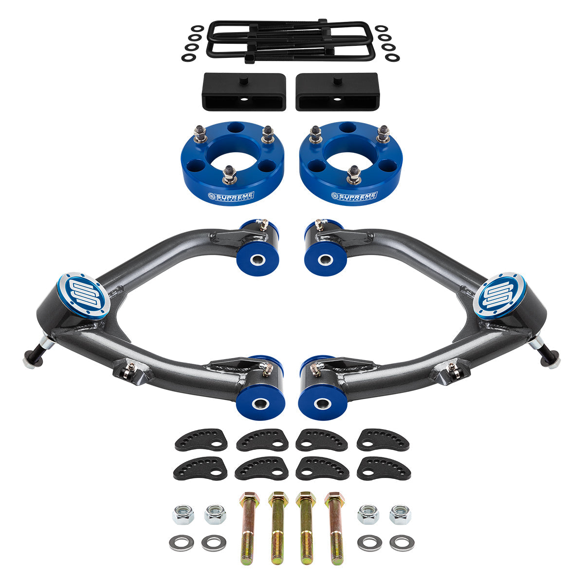 2007-2018 GMC Sierra 1500 Full Suspension Lift Kit with Uni-Ball Upper Control Arms and Camber/Caster Adjusting & Lock-Out Kit Front Lift 3" + Rear Lift 1.5" Blue