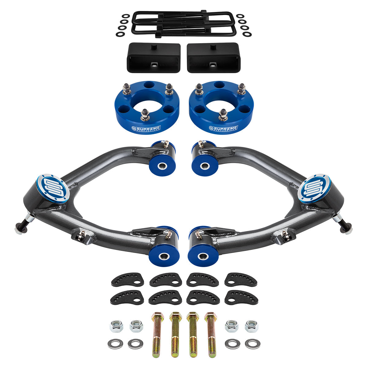 2007-2018 GMC Sierra 1500 Full Suspension Lift Kit with Uni-Ball Upper Control Arms and Camber/Caster Adjusting & Lock-Out Kit Front Lift 3" + Rear Lift 2" Blue