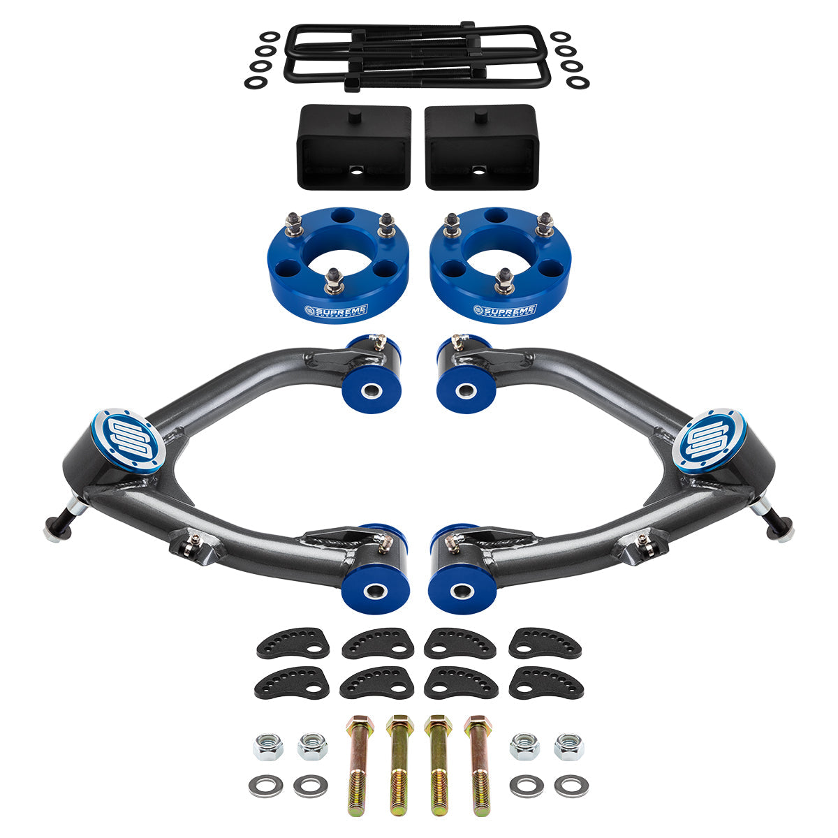 2007-2018 GMC Sierra 1500 Full Suspension Lift Kit with Uni-Ball Upper Control Arms and Camber/Caster Adjusting & Lock-Out Kit Front Lift 3" + Rear Lift 3" Blue