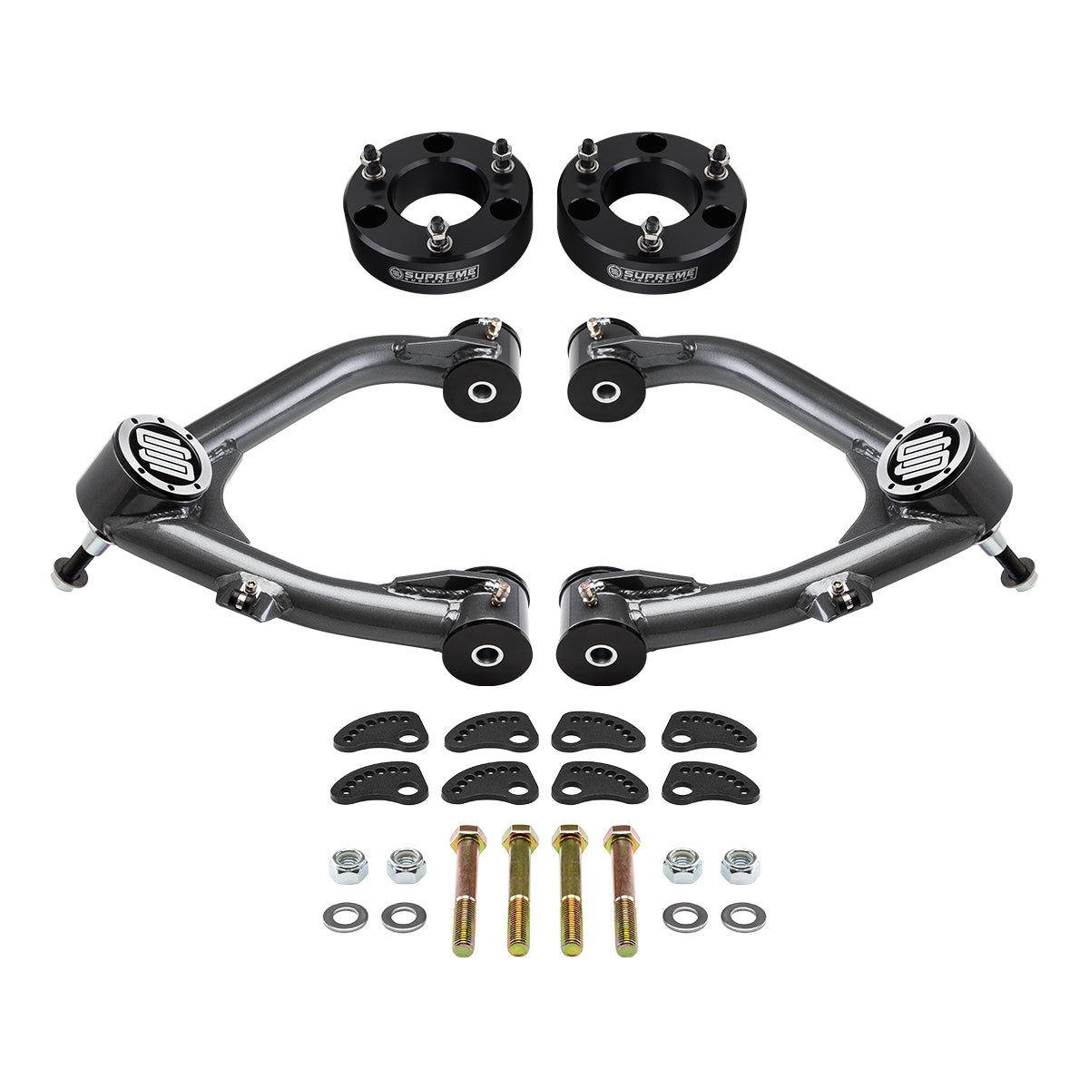 2007-2018 Chevrolet Silverado 1500 Front Leveling Kit with Uni-Ball Upper Control Arms and Camber/Caster Adjusting & Lock-Out Kit Front Lift 2" Black