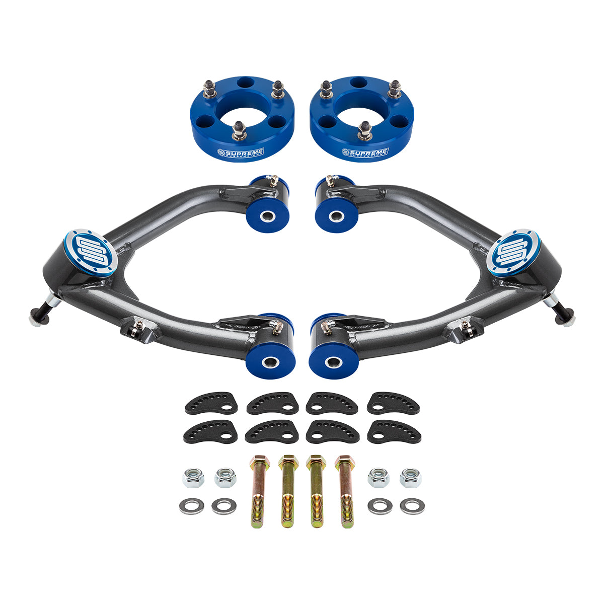 2007-2018 Chevrolet Silverado 1500 Front Leveling Kit with Uni-Ball Upper Control Arms and Camber/Caster Adjusting & Lock-Out Kit Front Lift 3" Blue