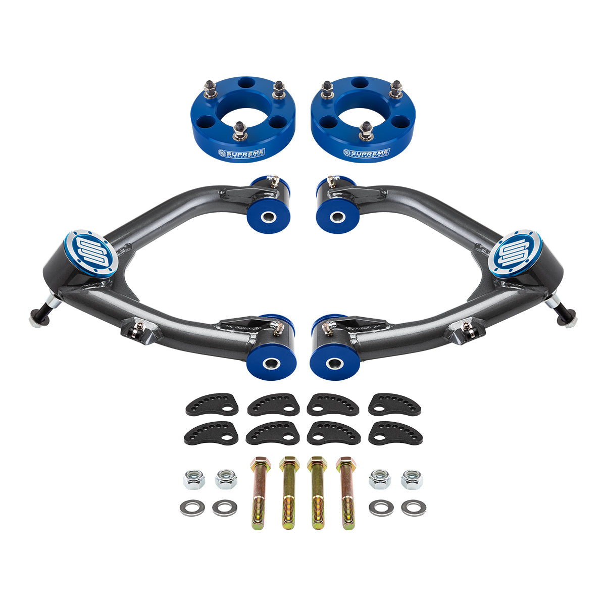 2007-2018 GMC Sierra 1500 Front Leveling Kit with Uni-Ball Upper Control Arms and Camber/Caster Adjusting & Lock-Out Kit Blue Front Lift 3"