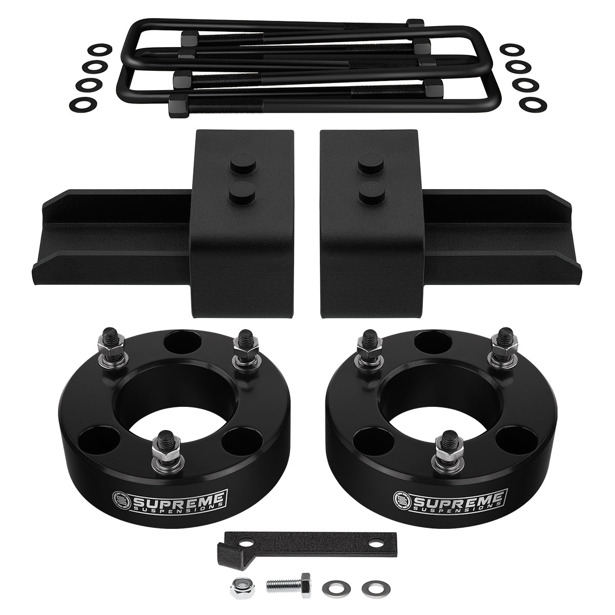 2004-2022* Ford F-150 4WD Full Suspension Lift Kit / Includes US Patent Pending Rear Lift Blocks with Built-In Bump Stop Landing Plates Front Lift 2" - Fits 2004-2022 Models + Rear Lift 1.5" Black