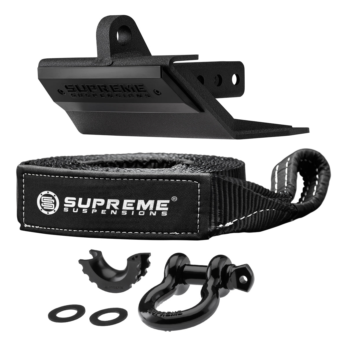 Supreme Suspensions? Multi-Function Hitch Receiver Skid Plate with 3/4" D-Ring Shackle & 30' Recovery Tow Strap Shackle Gloss Black