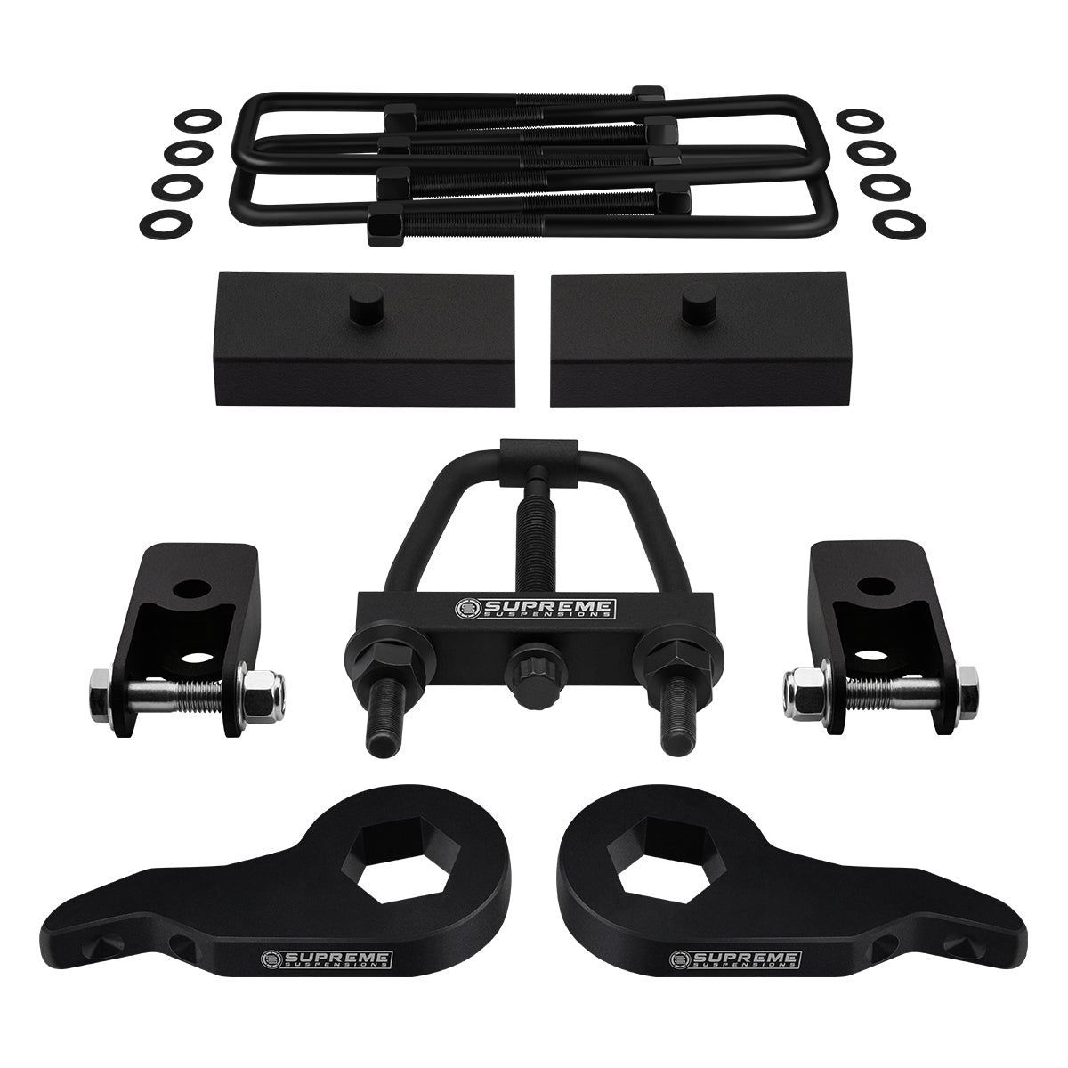 2003-2017 Chevrolet Express AWD Full Suspension Lift Kit with Rear Shock Mount Extenders and Tool (Square Bend U-Bolts) Front Lift Adjustable Up To 2.5" + Rear Lift 1"