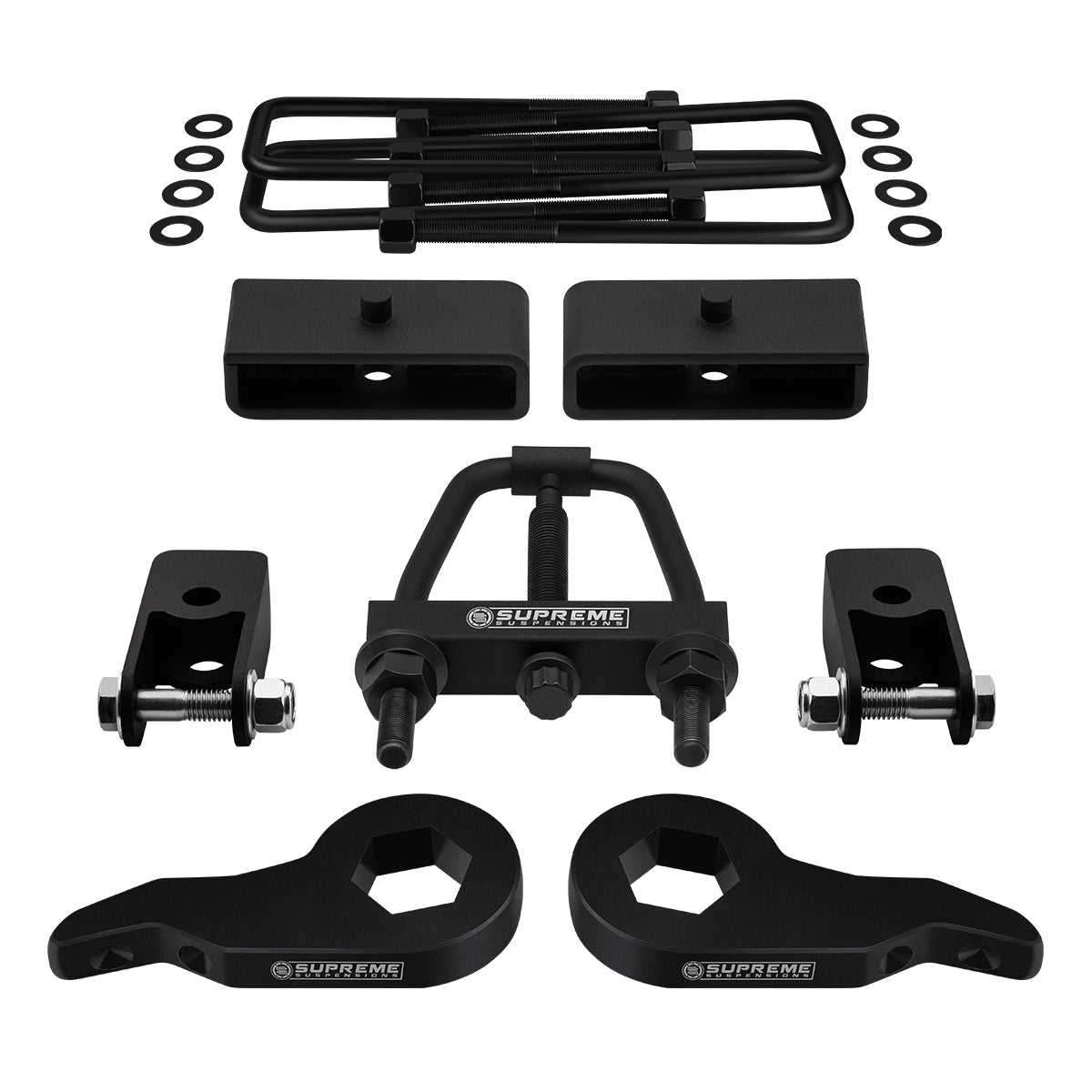 2003-2017 Chevrolet Express AWD Full Suspension Lift Kit with Rear Shock Mount Extenders and Tool (Square Bend U-Bolts) Front Lift Adjustable Up To 2.5" 1.5"