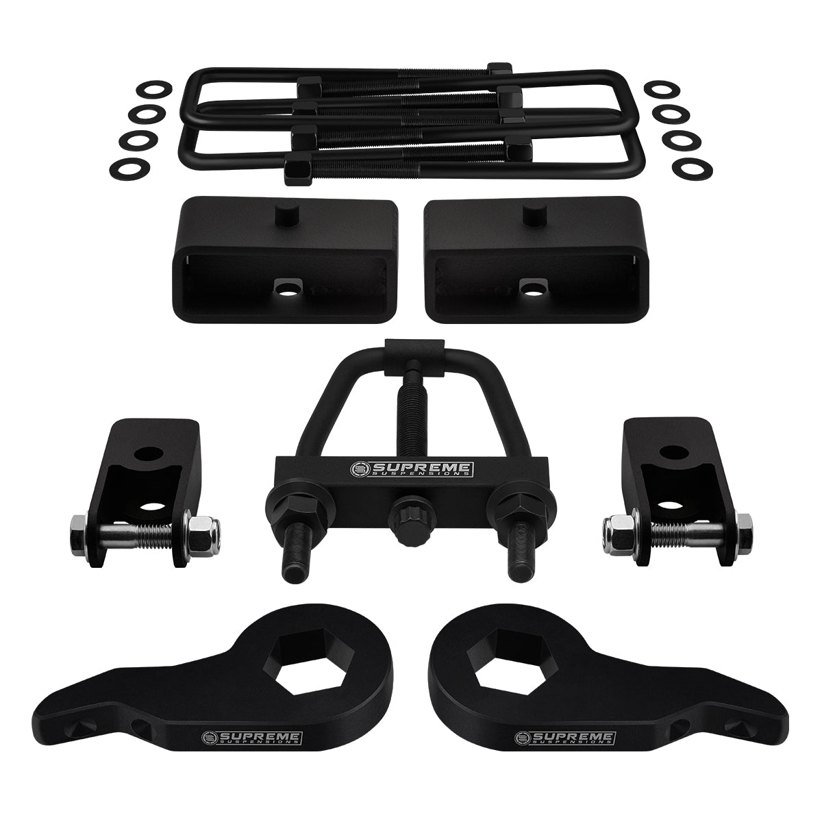 2003-2017 Chevrolet Express AWD Full Suspension Lift Kit with Rear Shock Mount Extenders and Tool (Square Bend U-Bolts) Front Lift Adjustable Up To 2.5" 2"