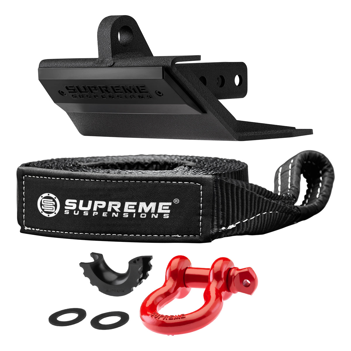 Supreme Suspensions? Multi-Function Hitch Receiver Skid Plate with 3/4" D-Ring Shackle & 30' Recovery Tow Strap Shackle Gloss Red