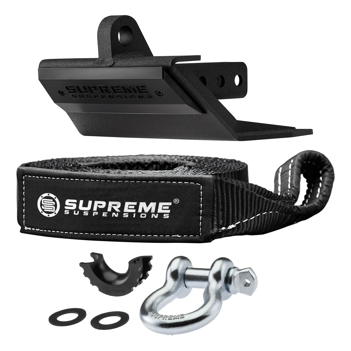 Supreme Suspensions? Multi-Function Hitch Receiver Skid Plate with 3/4" D-Ring Shackle & 30' Recovery Tow Strap Shackle Galvanized