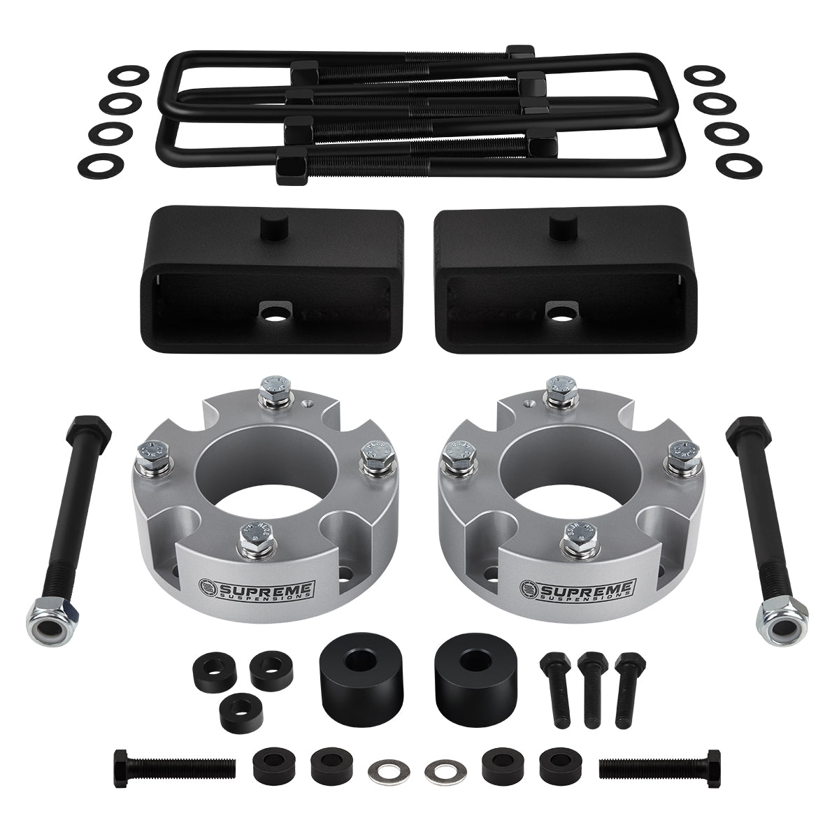 2007-2021 Toyota Tundra Full Suspension Lift Kit 4WD HD BLOCKS / Carrier Bearing Drop + Diff Drop Front Lift 3" + Rear Lift 2" with Built-In Taper / Silver